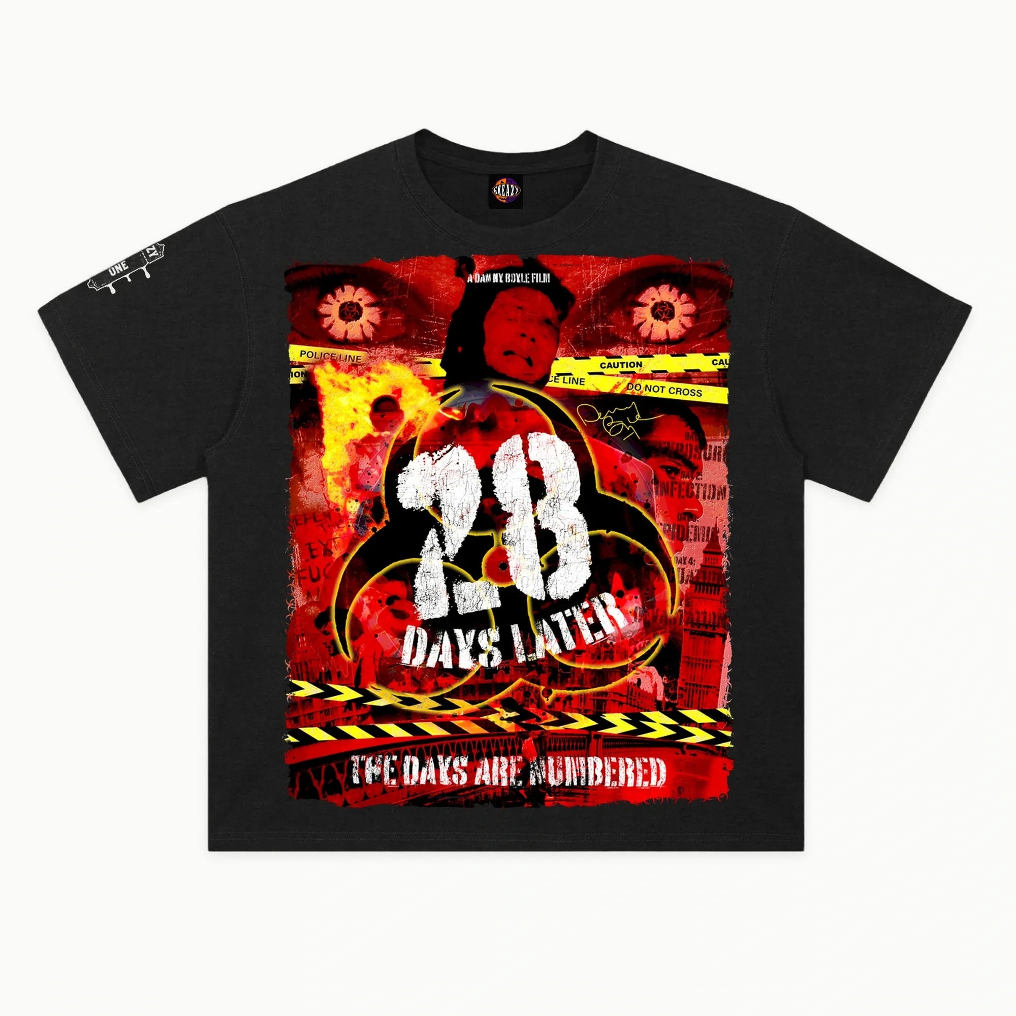 28 Days Later - Alternate Front Tee in Vintage Black, front view — Greazy Tees Drop 7 Halloween