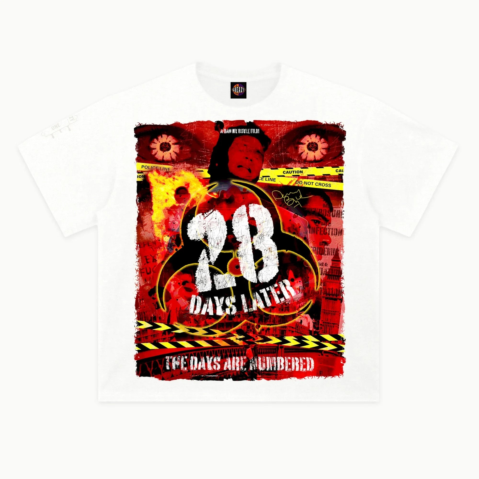 28 Days Later - Alternate Front Tee in White, front view — Greazy Tees Drop 7 Halloween