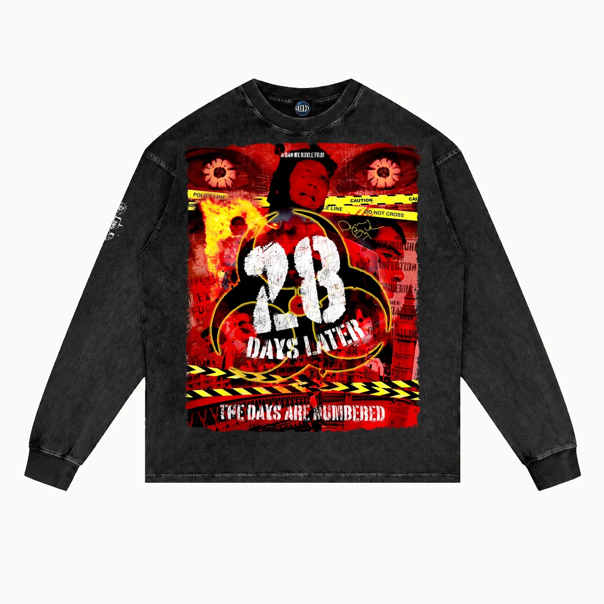 28 Days Later V2 Long Sleeved Tee in Vintage Black, front view — Greazy Tees Drop 7 Halloween