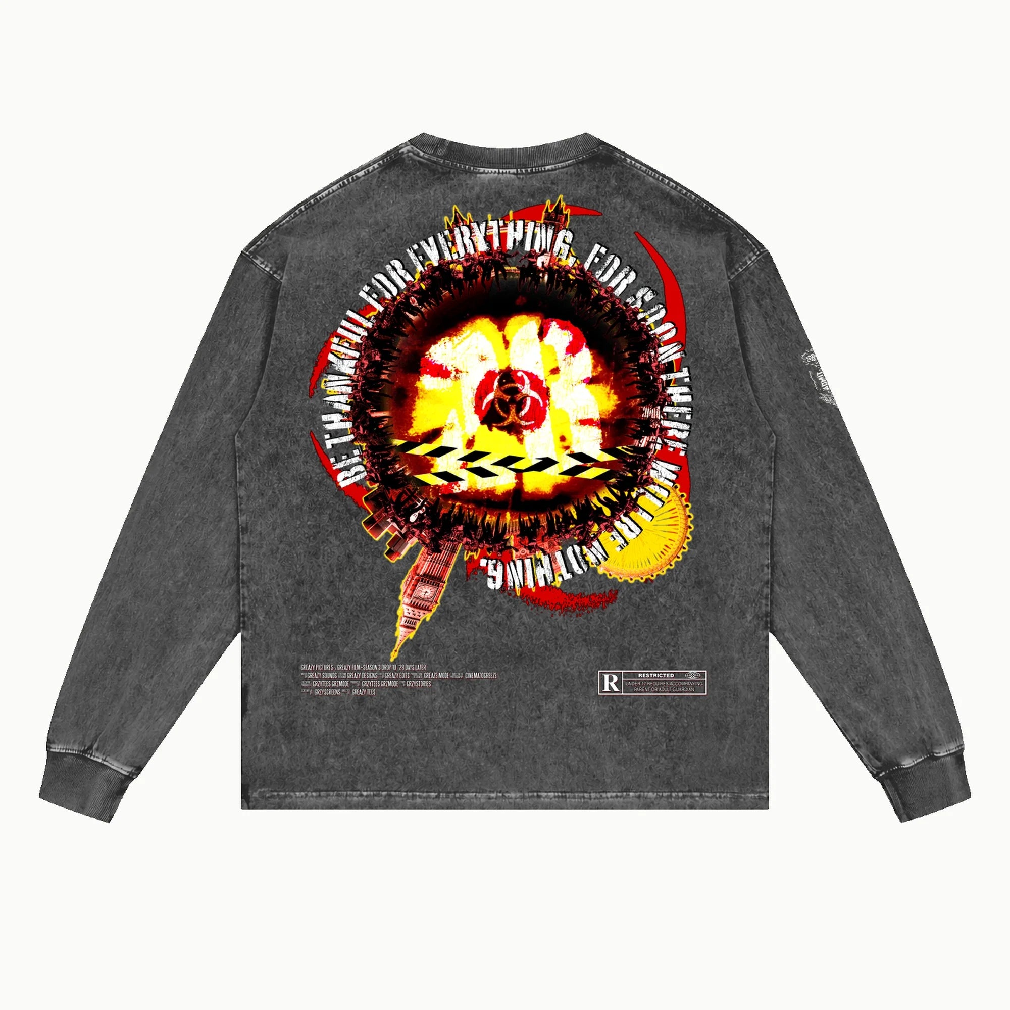 28 Days Later V2 Long Sleeved Tee in Vintage Grey, back view — Greazy Tees Drop 7 Halloween