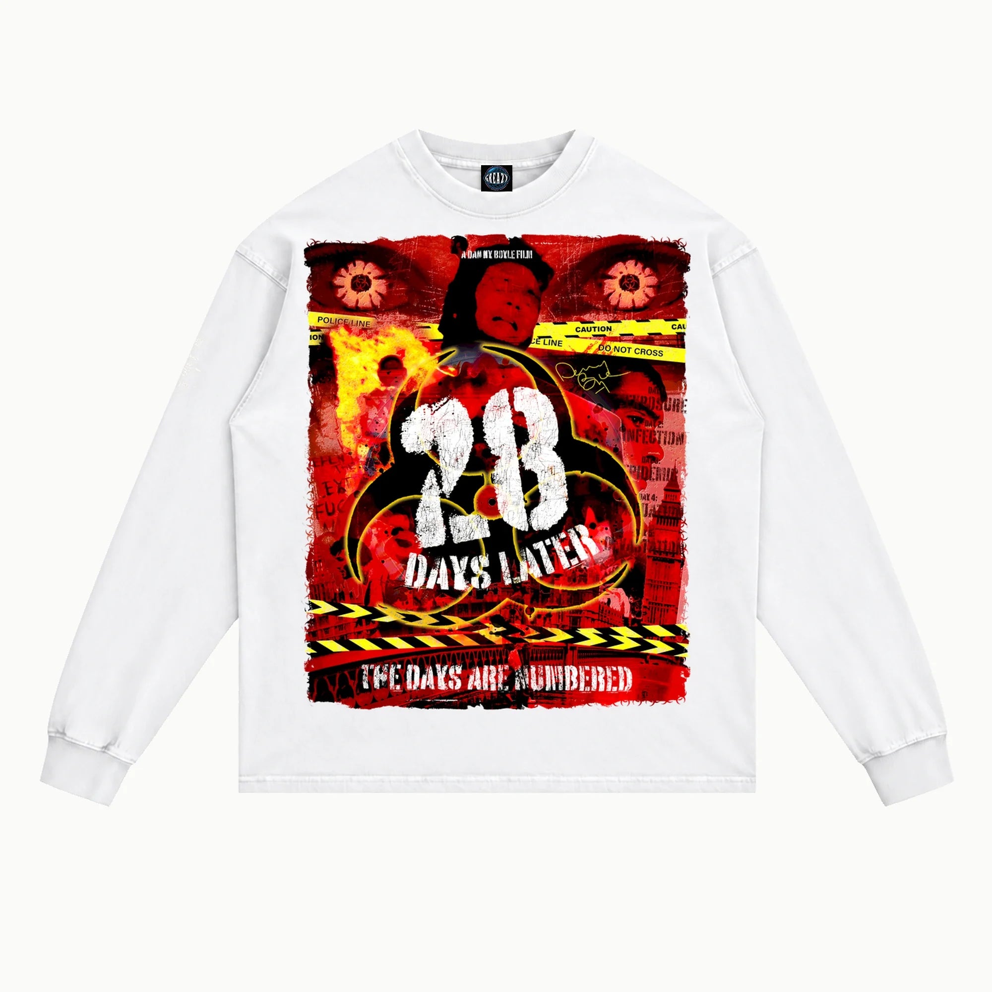 28 Days Later V2 Long Sleeved Tee in White, front view — Greazy Tees Drop 7 Halloween