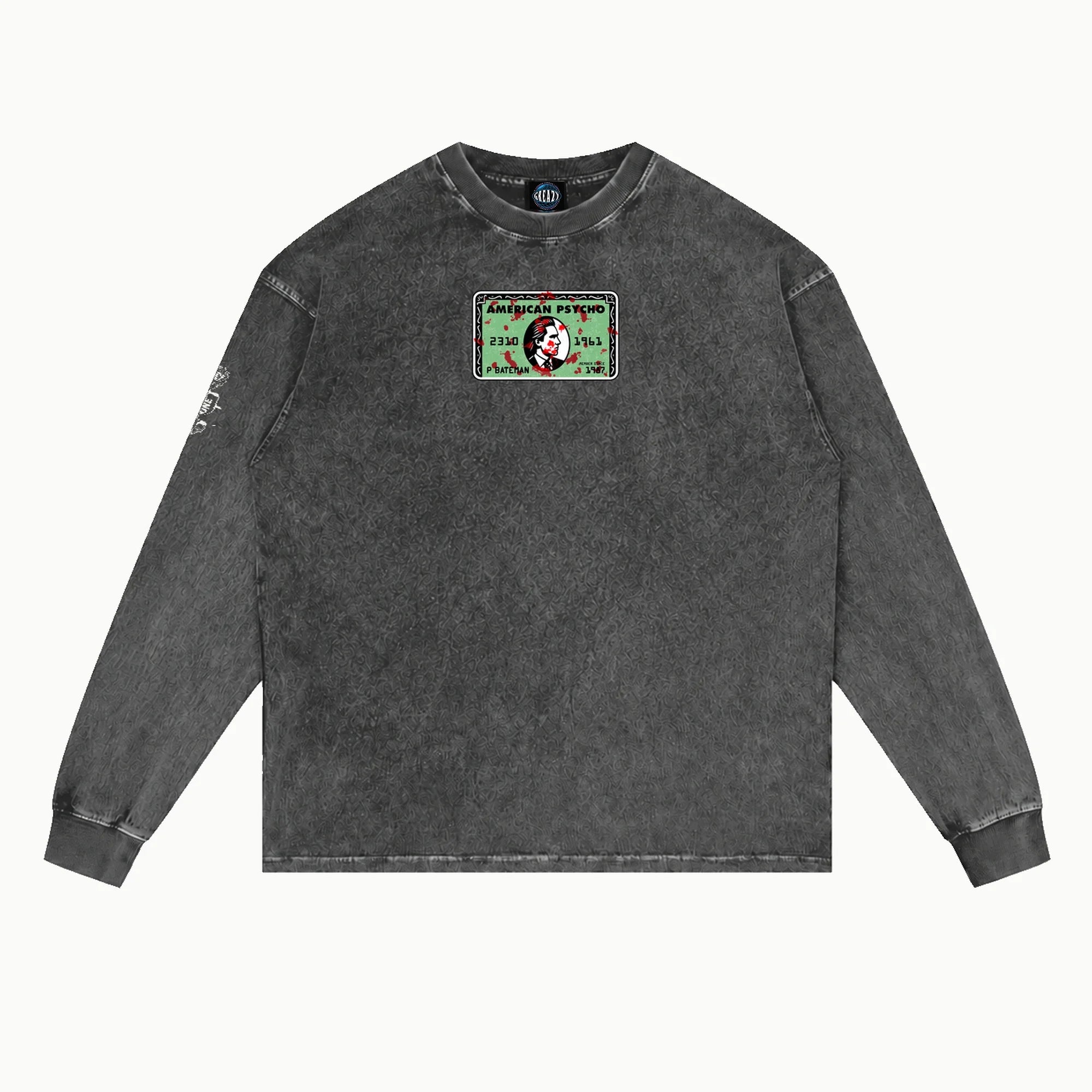 American Psycho Business Card Long Sleeved Tee in Vintage Grey, front view — Greazy Tees Drop 7 Halloween