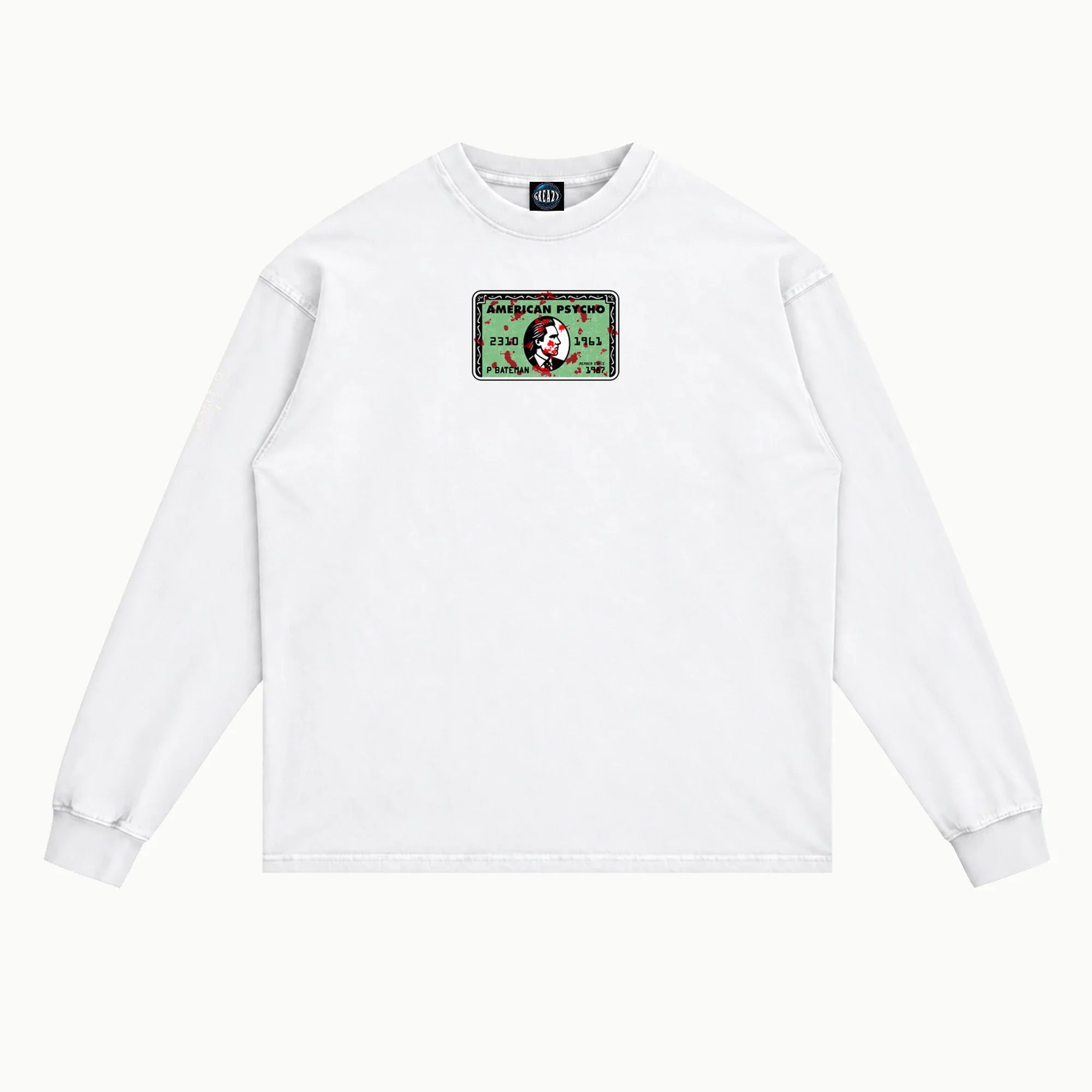 American Psycho Business Card Long Sleeved Tee in White, front view — Greazy Tees Drop 7 Halloween