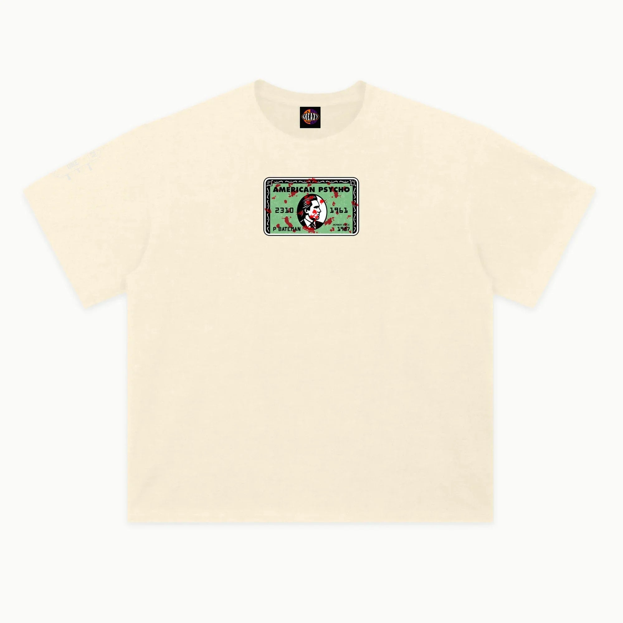 American Psycho - Business Card Tee in Off White, front view — Greazy Tees Drop 7 Halloween