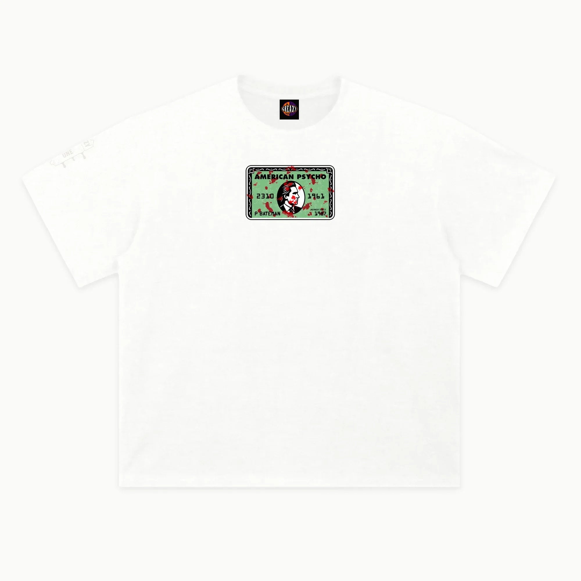 American Psycho - Business Card Tee in White, front view — Greazy Tees Drop 7 Halloween