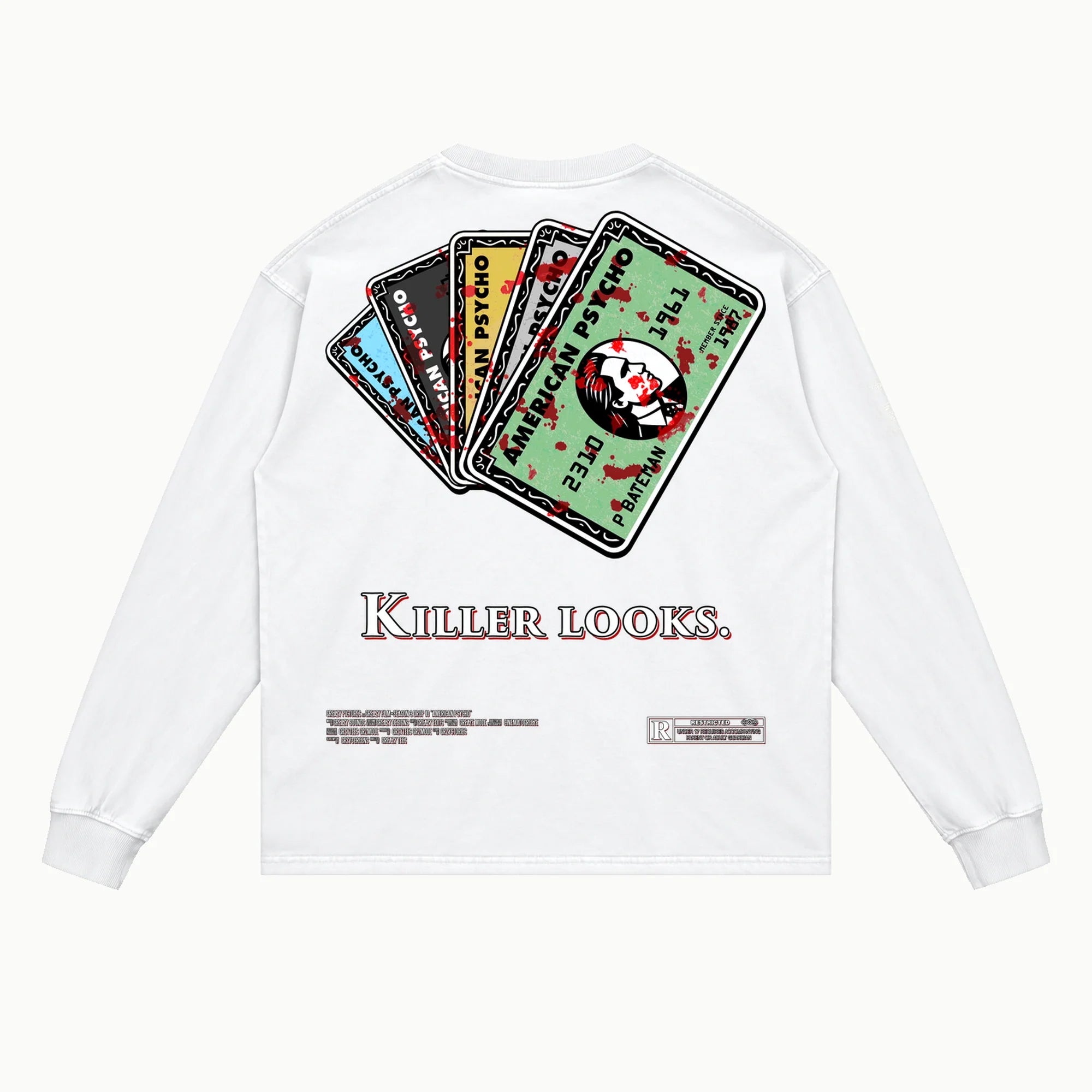American Psycho Long Sleeved Tee in White, back view — Greazy Tees Drop 7 Halloween