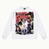 American Psycho Long Sleeved Tee in White, front view — Greazy Tees Drop 7 Halloween