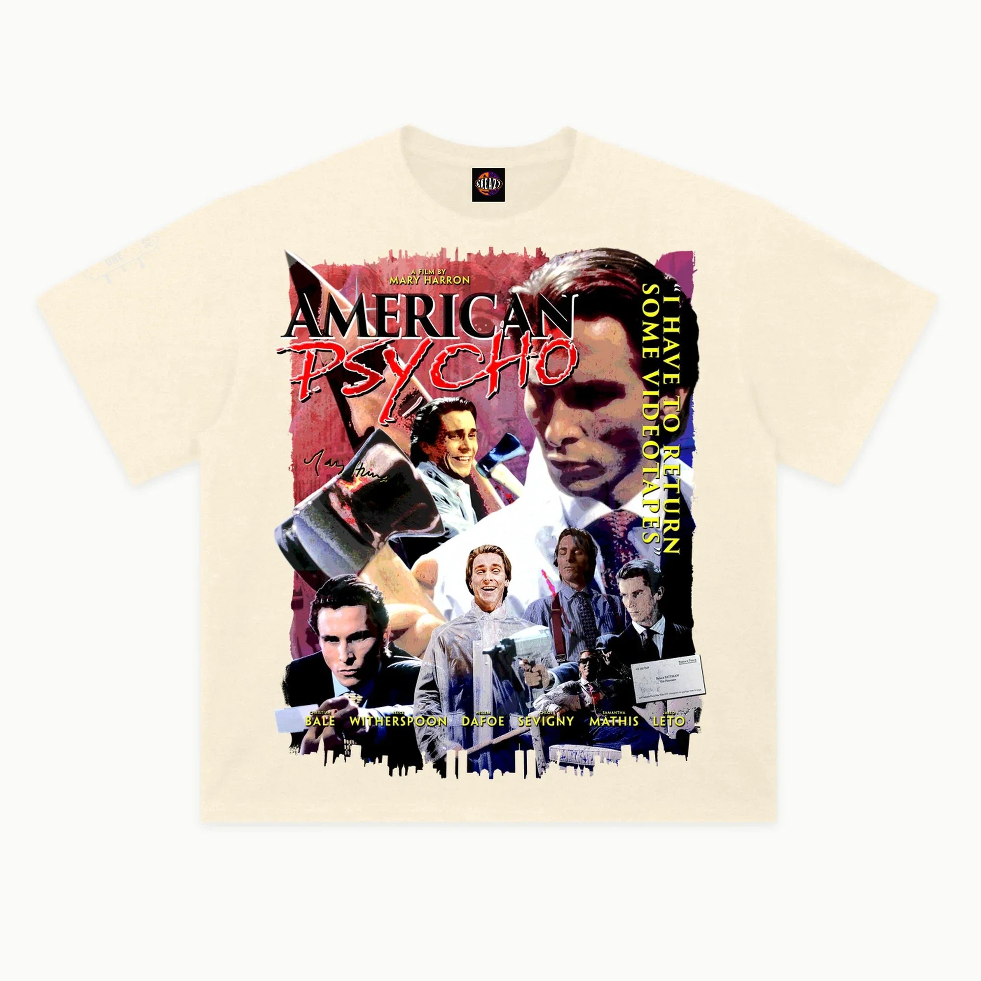 American Psycho Tee in Off White, front view — Greazy Tees Drop 7 Halloween