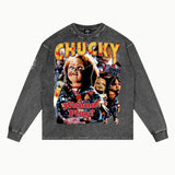 Chucky Long Sleeved Tee in Vintage Grey, front view — Greazy Tees Drop 7 Halloween