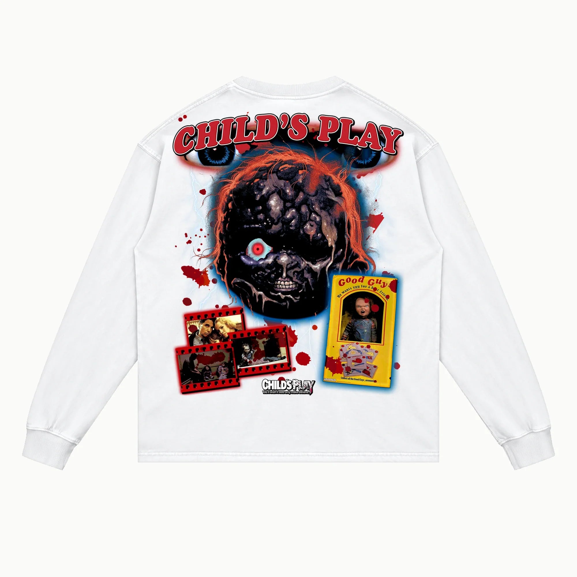 Chucky Long Sleeved Tee in White, back view — Greazy Tees Drop 7 Halloween