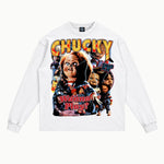 Chucky Long Sleeved Tee in White, front view — Greazy Tees Drop 7 Halloween
