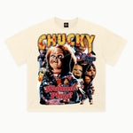 Chucky Tee in Off White, front view — Greazy Tees Drop 7 Halloween