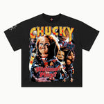 Chucky Tee in Vintage Black, front view — Greazy Tees Drop 7 Halloween