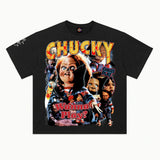 Chucky Tee in Vintage Black, front view — Greazy Tees Drop 7 Halloween