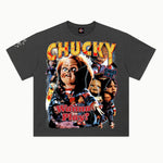 Chucky Tee in Vintage Grey, front view — Greazy Tees Drop 7 Halloween