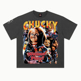 Chucky Tee in Vintage Grey, front view — Greazy Tees Drop 7 Halloween