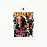 Chucky Tee in White, front view — Greazy Tees Drop 7 Halloween