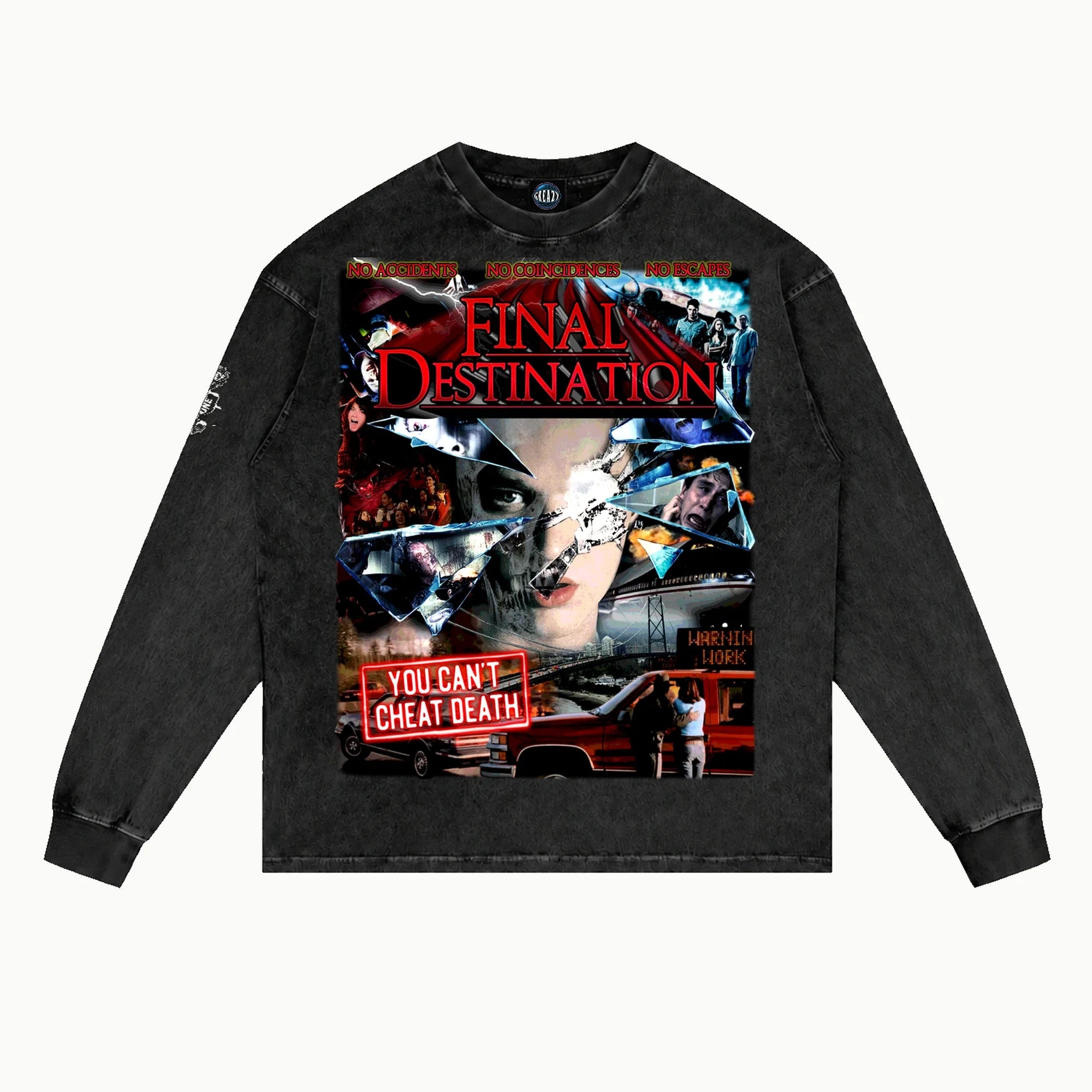 Final Destination Long Sleeved Tee in Vintage Black, front view — Greazy Tees Drop 7 Halloween