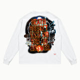 Final Destination Long Sleeved Tee in White, back view — Greazy Tees Drop 7 Halloween