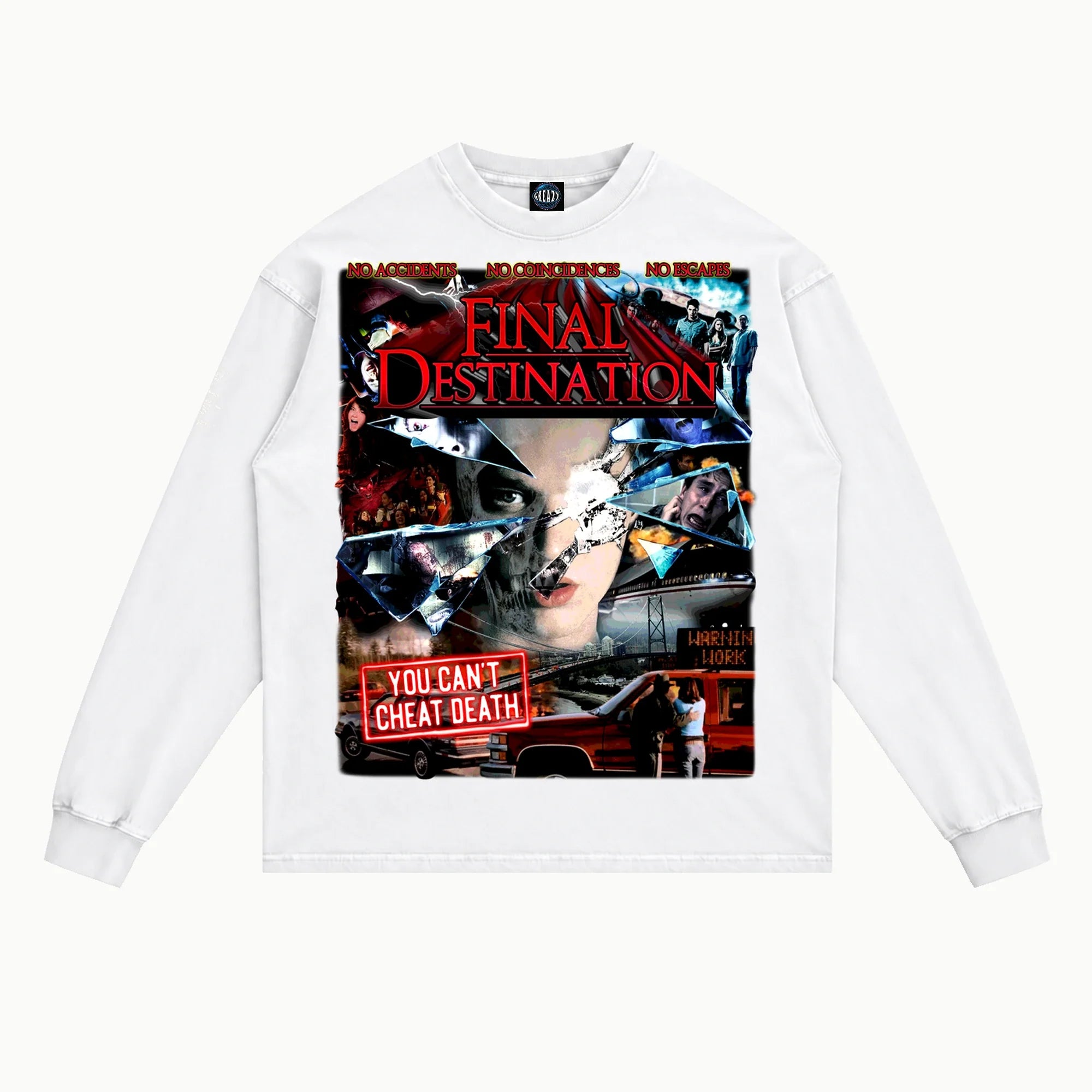 Final Destination Long Sleeved Tee in White, front view — Greazy Tees Drop 7 Halloween