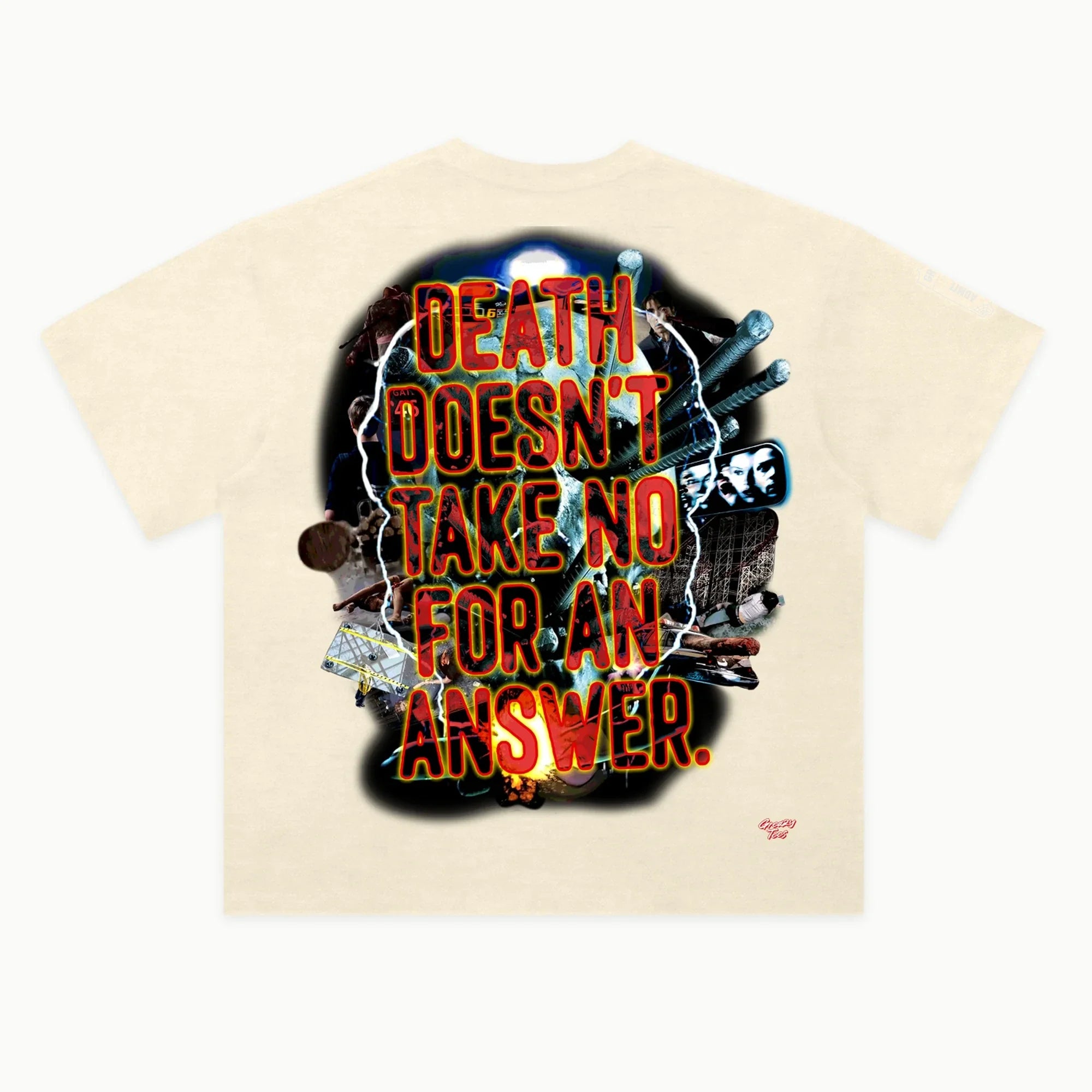 Final Destination Tee in Off White, back view — Greazy Tees Drop 7 Halloween