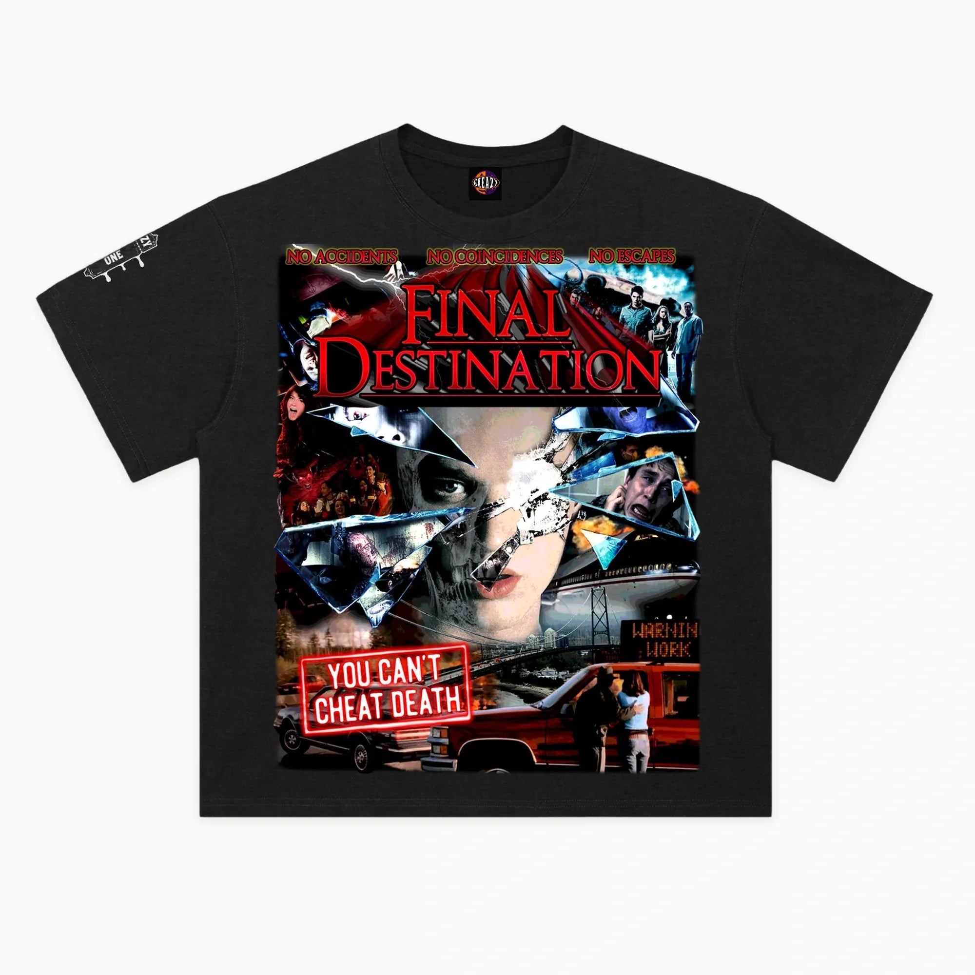Final Destination Tee in Vintage Black, front view — Greazy Tees Drop 7 Halloween