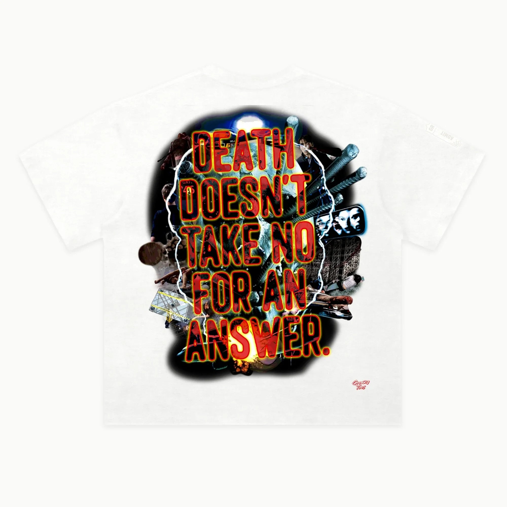 Final Destination Tee in White, back view — Greazy Tees Drop 7 Halloween