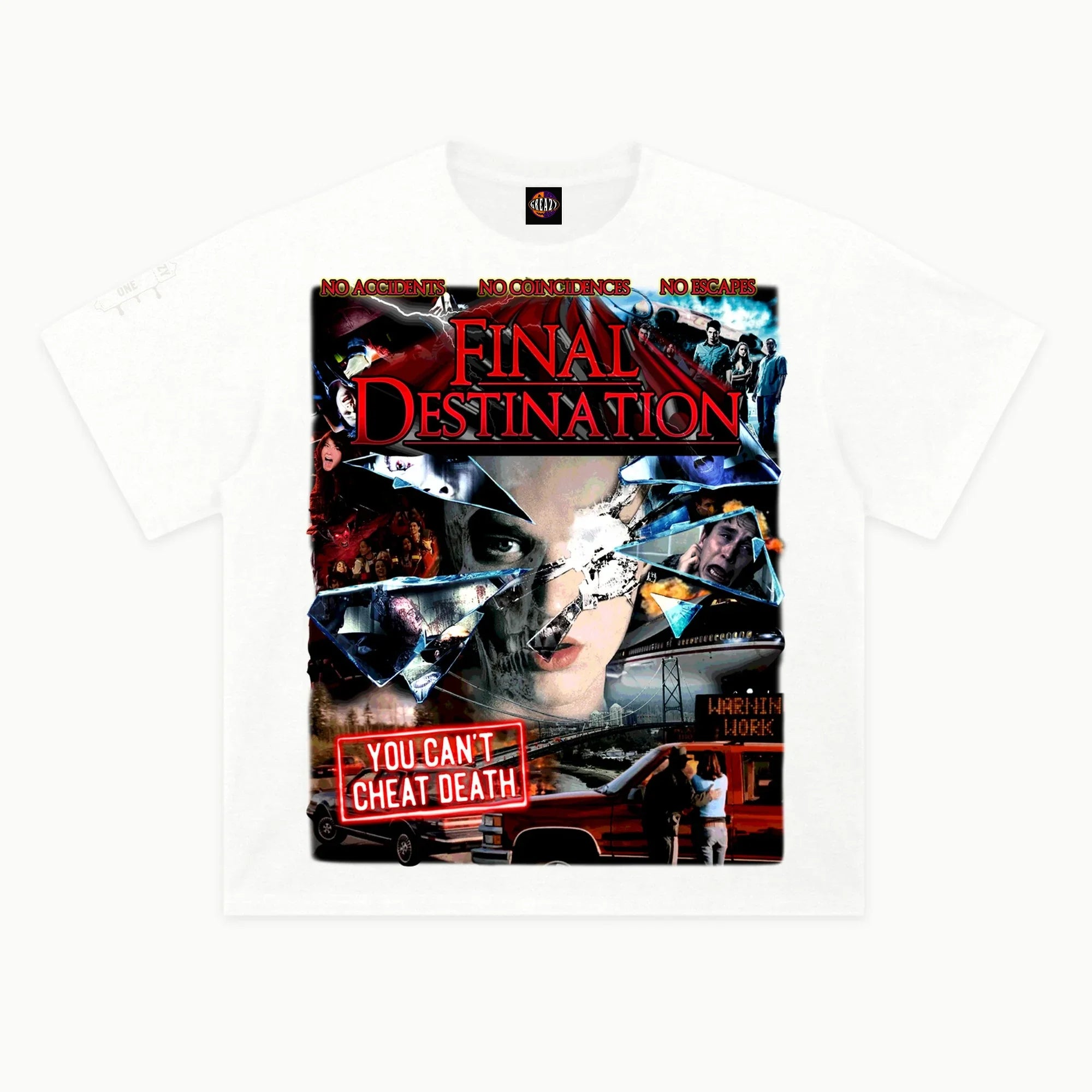 Final Destination Tee in White, front view — Greazy Tees Drop 7 Halloween