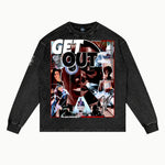 Get Out Long Sleeved Tee in Vintage Black, front view — Greazy Tees Drop 7 Halloween