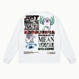 Get Out Long Sleeved Tee in White, back view — Greazy Tees Drop 7 Halloween