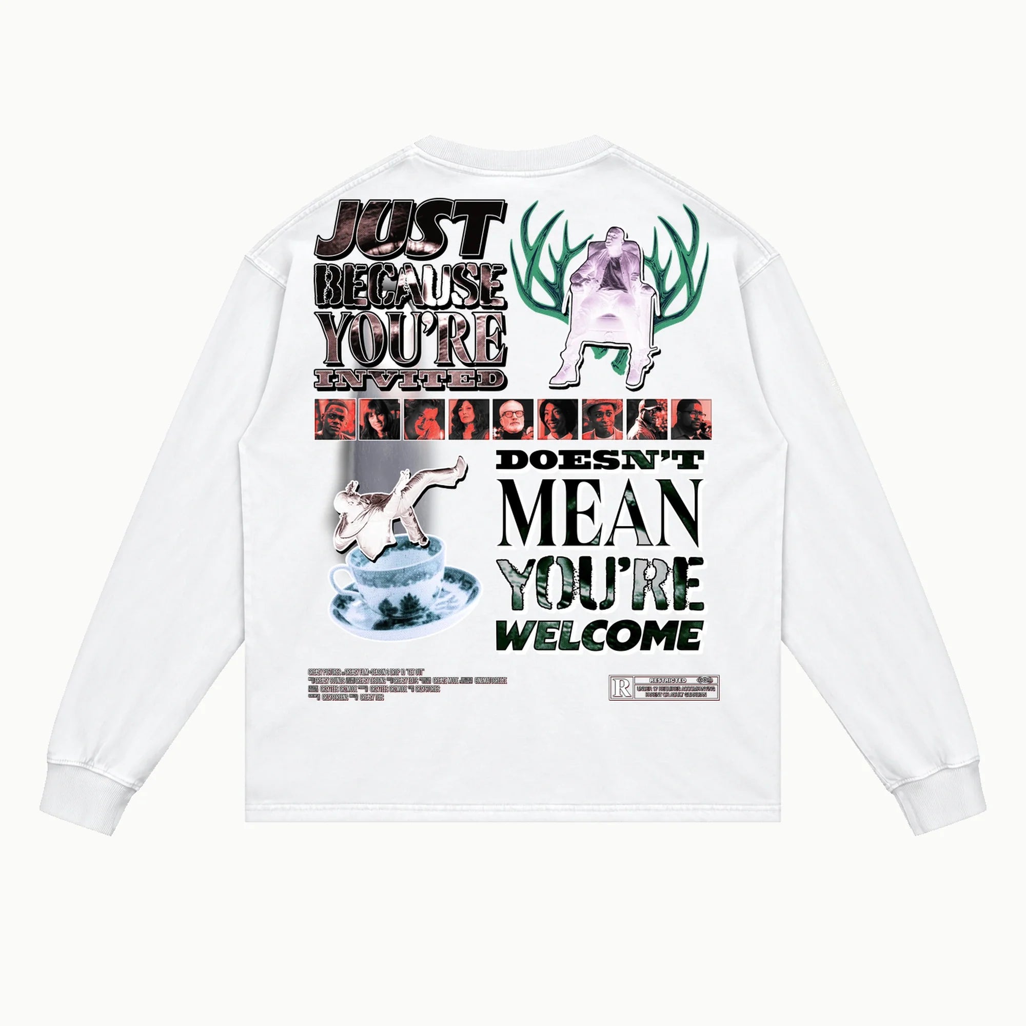 Get Out Long Sleeved Tee in White, back view — Greazy Tees Drop 7 Halloween