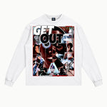 Get Out Long Sleeved Tee in White, front view — Greazy Tees Drop 7 Halloween