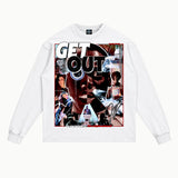 Get Out Long Sleeved Tee in White, front view — Greazy Tees Drop 7 Halloween