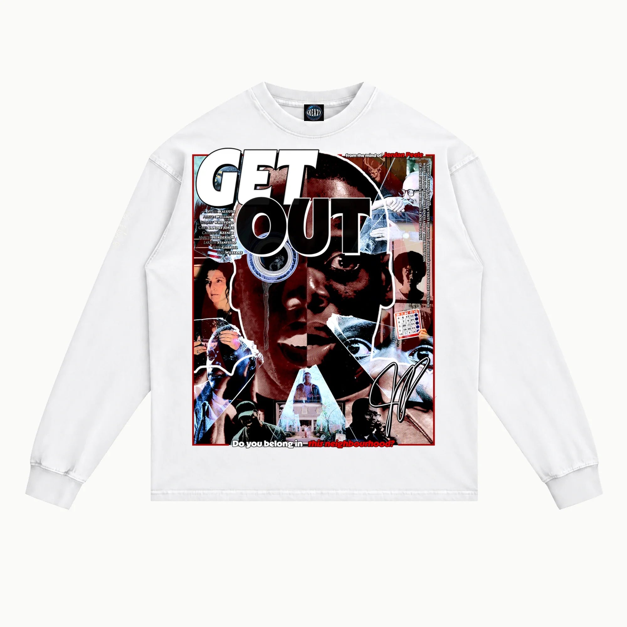 Get Out Long Sleeved Tee in White, front view — Greazy Tees Drop 7 Halloween