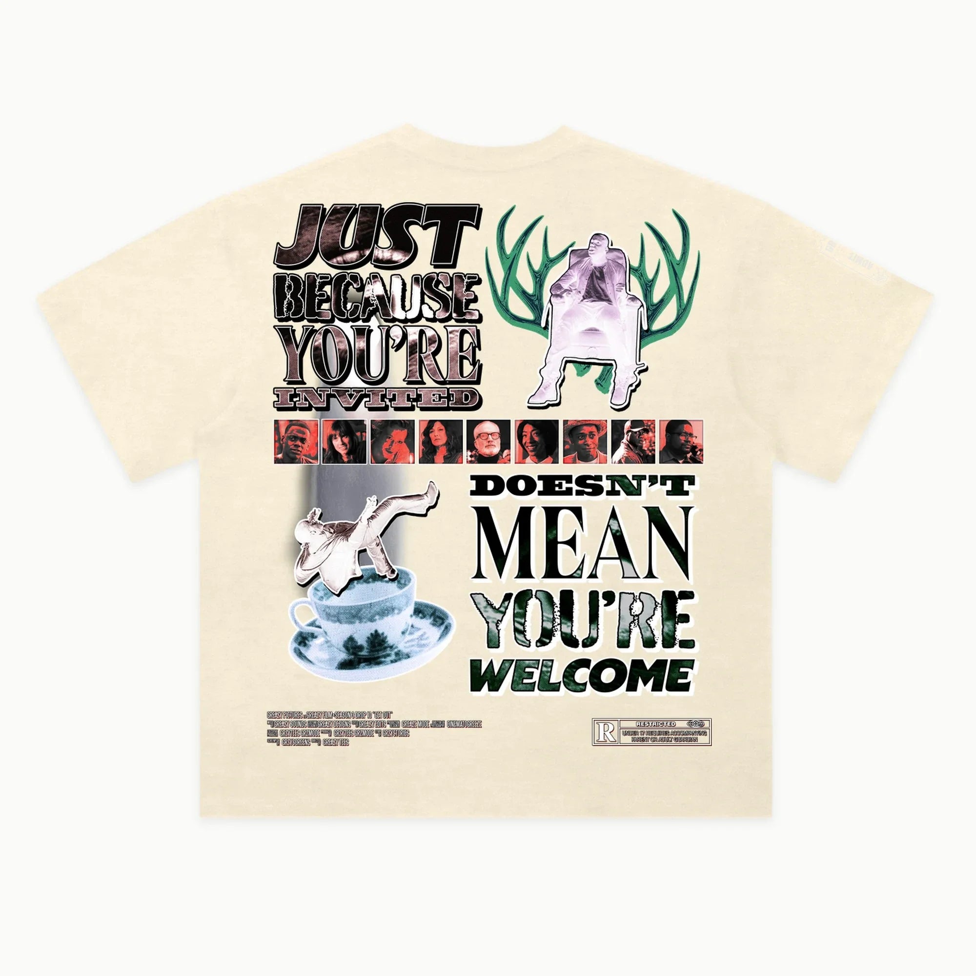 Get Out Tee in Off White, back view — Greazy Tees Drop 7 Halloween