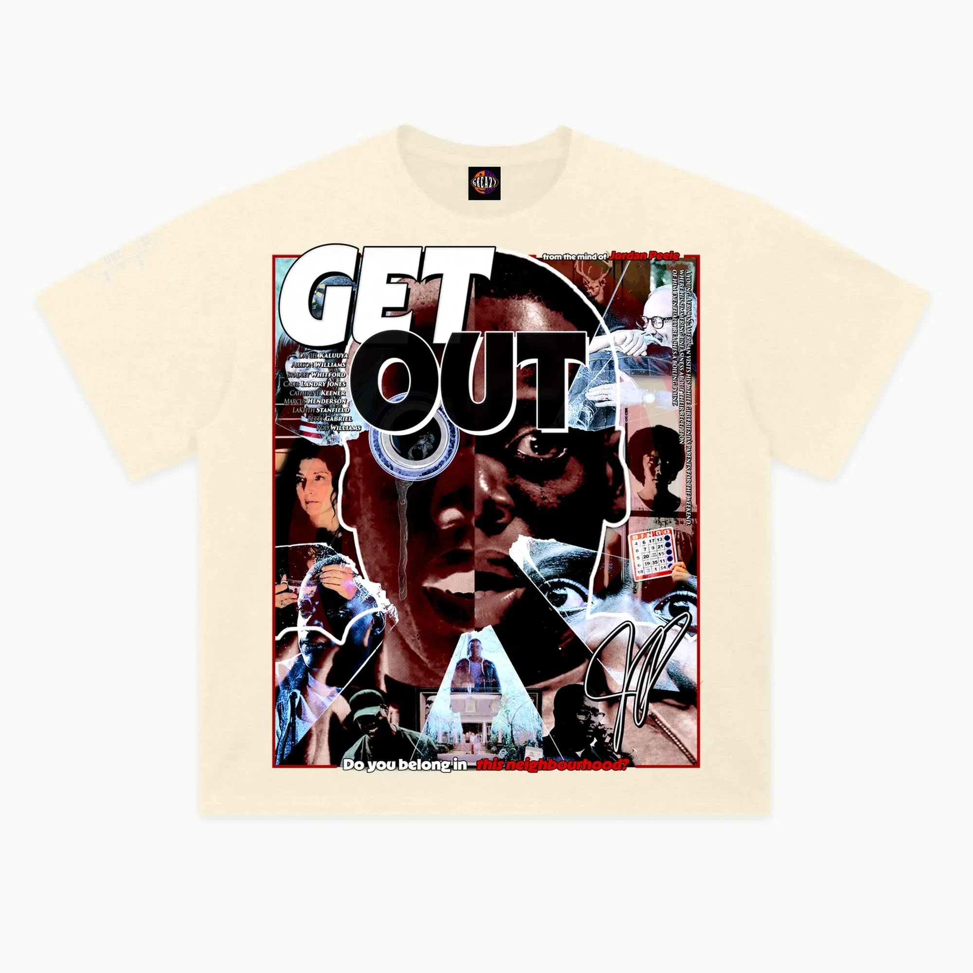 Get Out Tee in Off White, front view — Greazy Tees Drop 7 Halloween