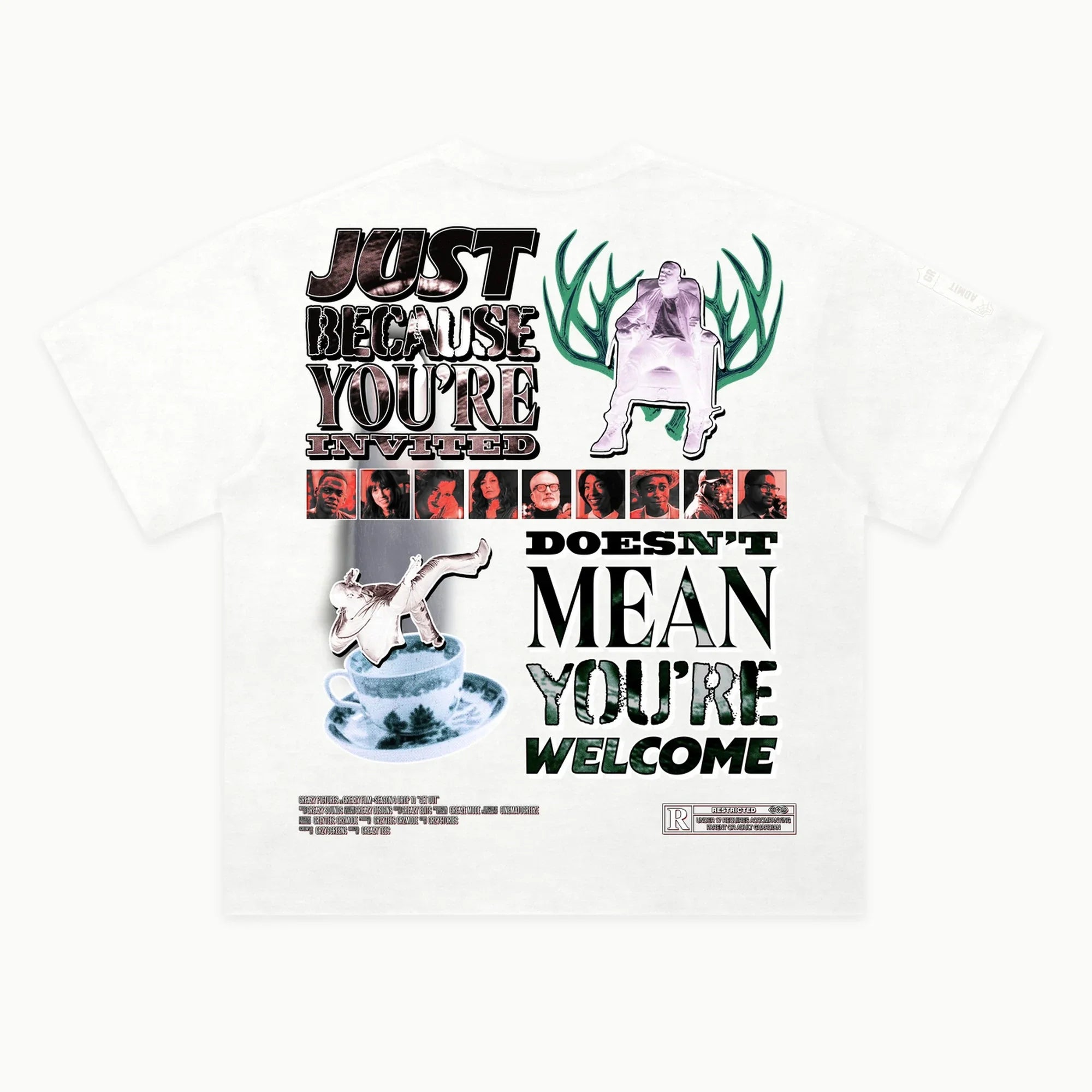 Get Out Tee in White, back view — Greazy Tees Drop 7 Halloween