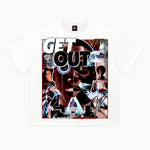 Get Out Tee in White, front view — Greazy Tees Drop 7 Halloween