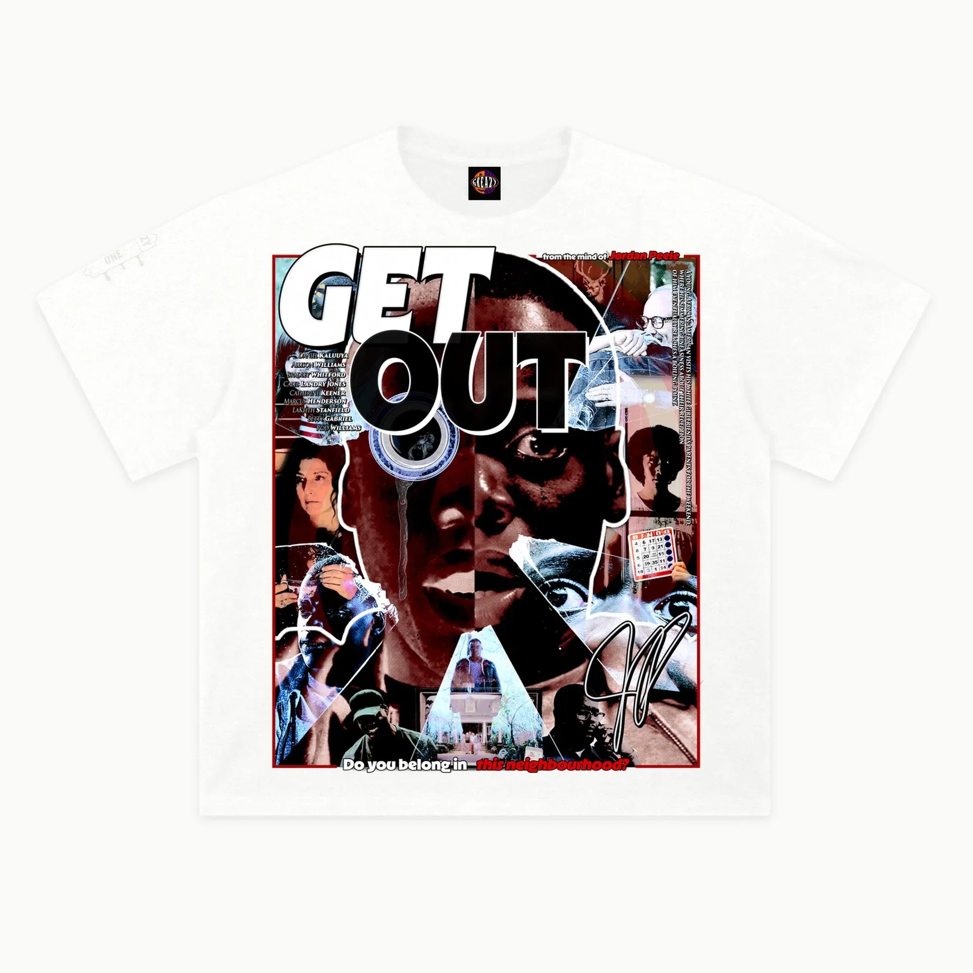 Get Out Tee in White, front view — Greazy Tees Drop 7 Halloween