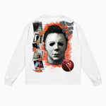 Halloween 1978 Long Sleeved Tee in White, back view — Greazy Tees Drop 7 Halloween