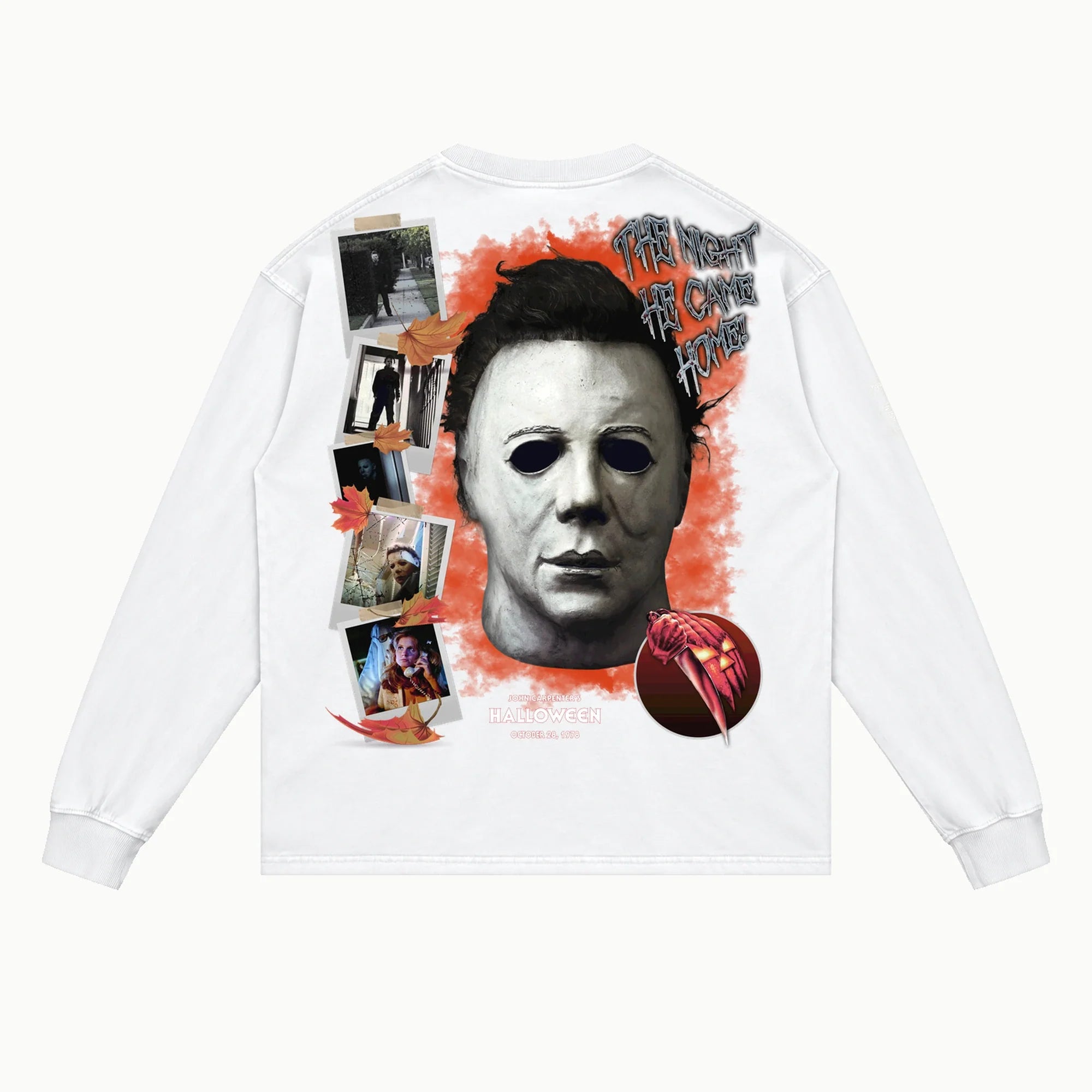 Halloween 1978 Long Sleeved Tee in White, back view — Greazy Tees Drop 7 Halloween