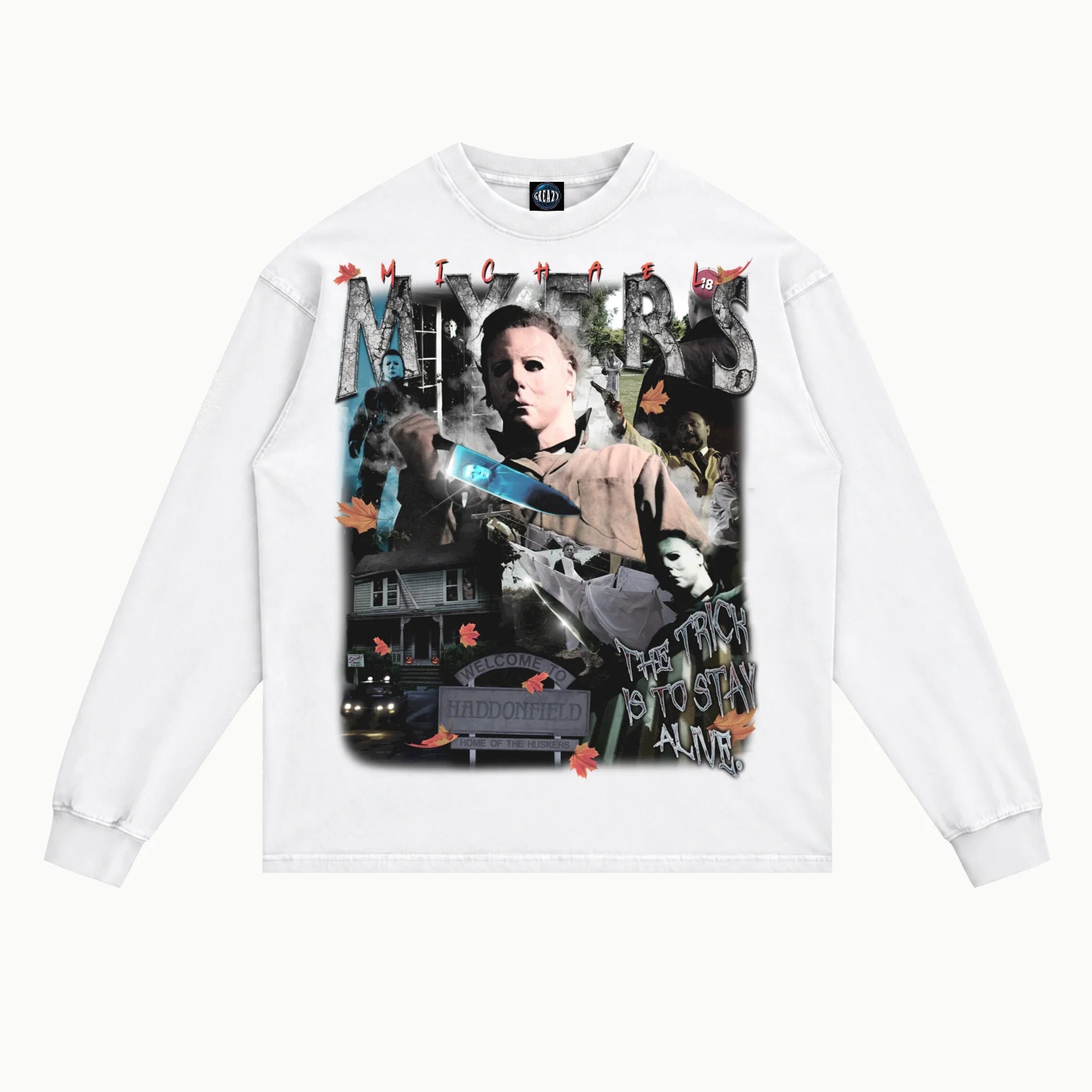 Halloween 1978 Long Sleeved Tee in White, front view — Greazy Tees Drop 7 Halloween