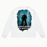 Halloween The Night He Came Home Long Sleeved Tee in White, back view — Greazy Tees Drop 7 Halloween