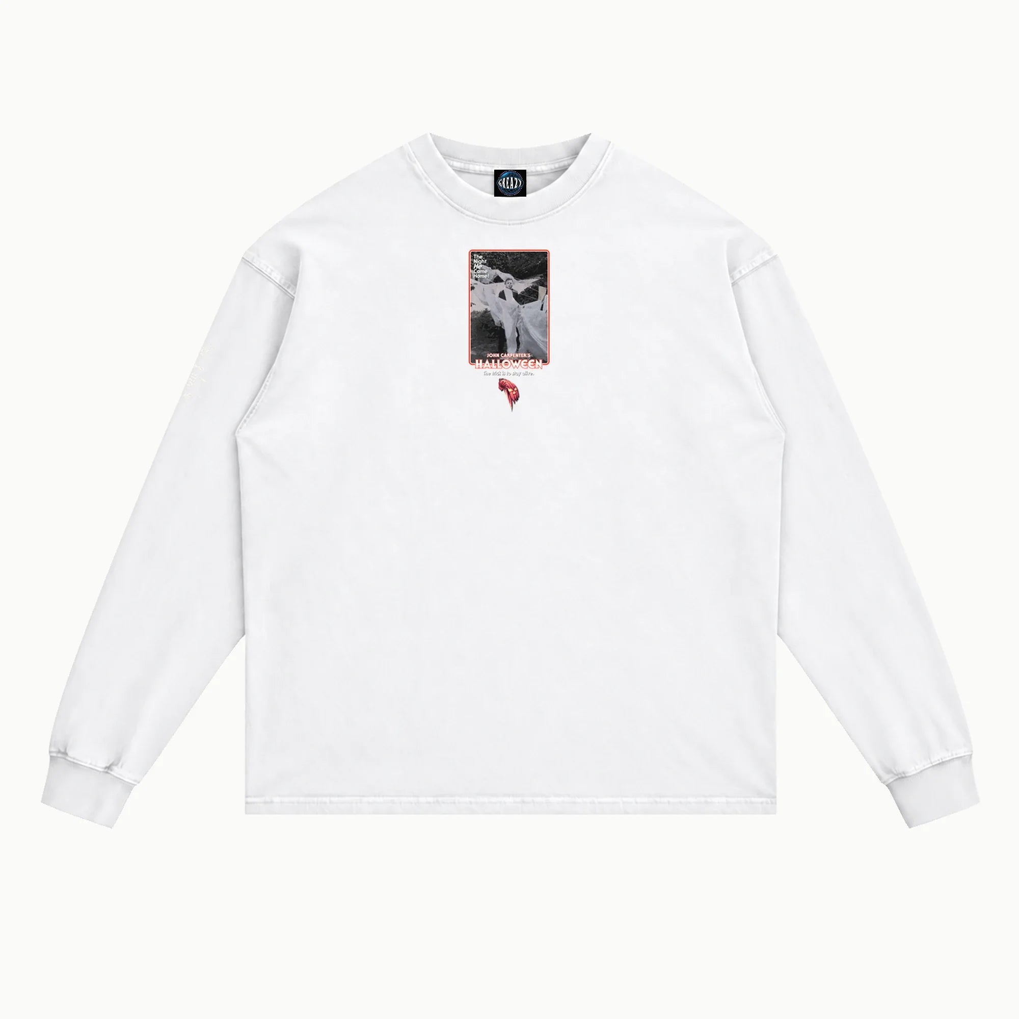 Halloween The Night He Came Home Long Sleeved Tee in White, front view — Greazy Tees Drop 7 Halloween