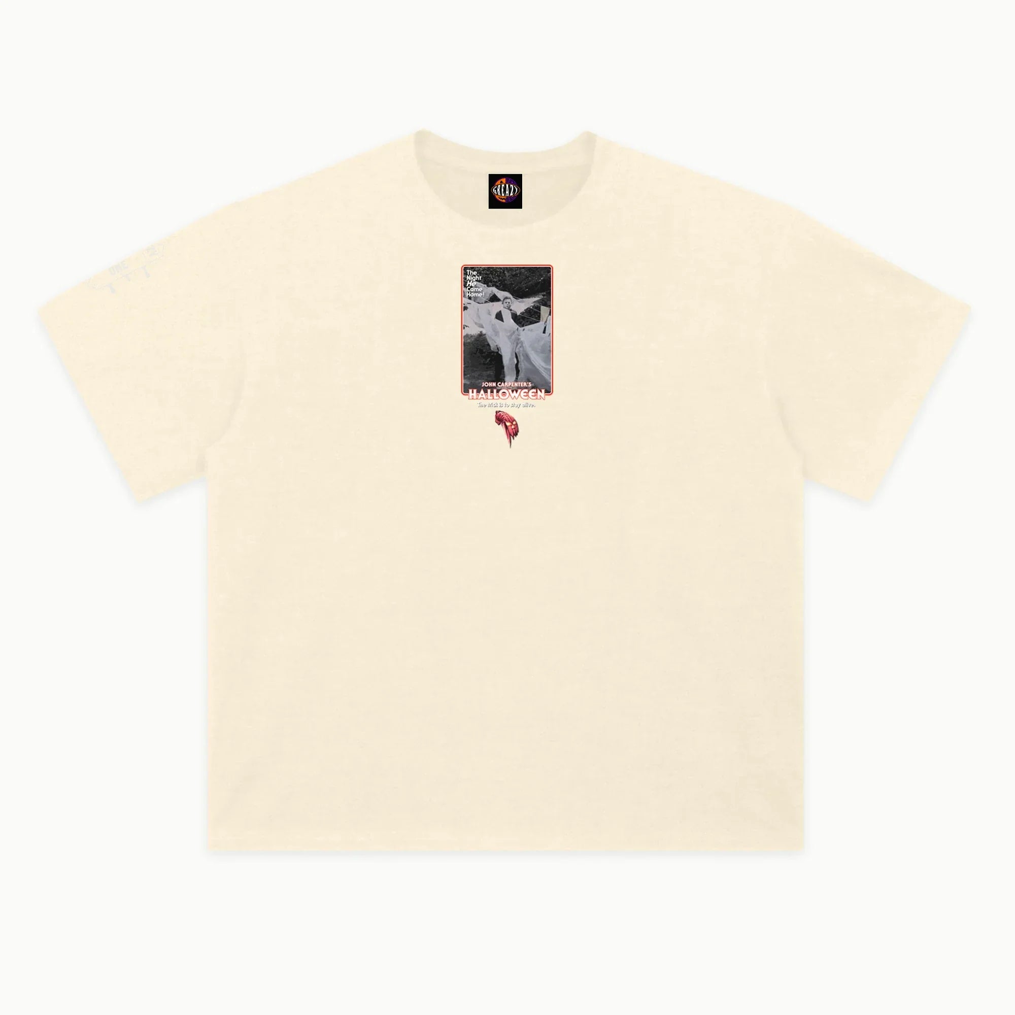Halloween - White Text Variant Tee in Off White, front view — Greazy Tees Drop 7 Halloween