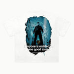 Halloween - White Text Variant Tee in White, back view — Greazy Tees Drop 7 Halloween