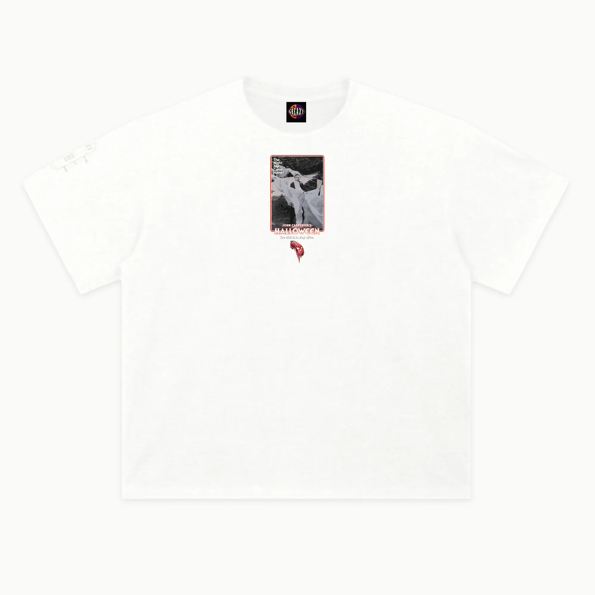Halloween - White Text Variant Tee in White, front view — Greazy Tees Drop 7 Halloween