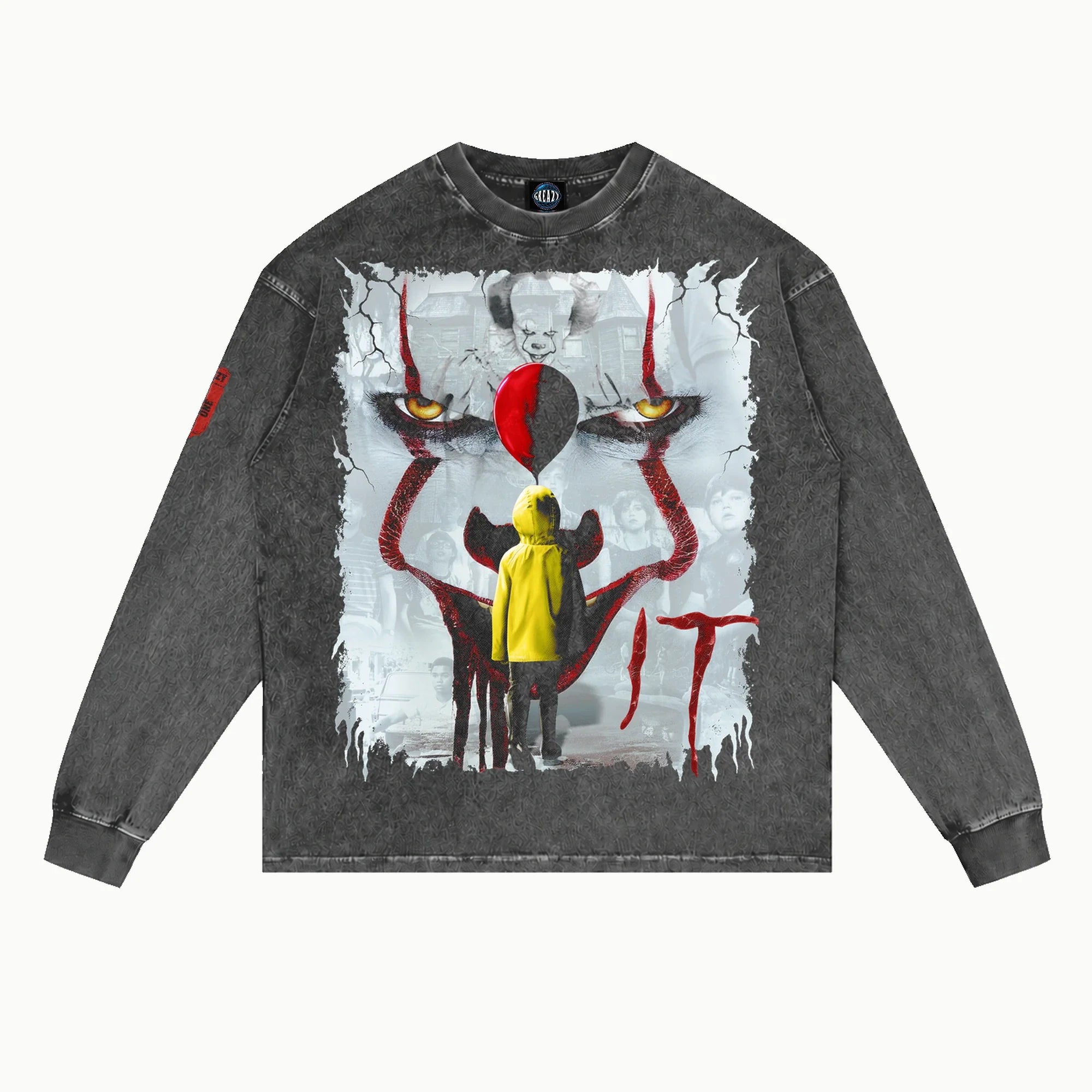 It Long Sleeved Tee in Vintage Grey, front view — Greazy Tees Drop 7 Halloween