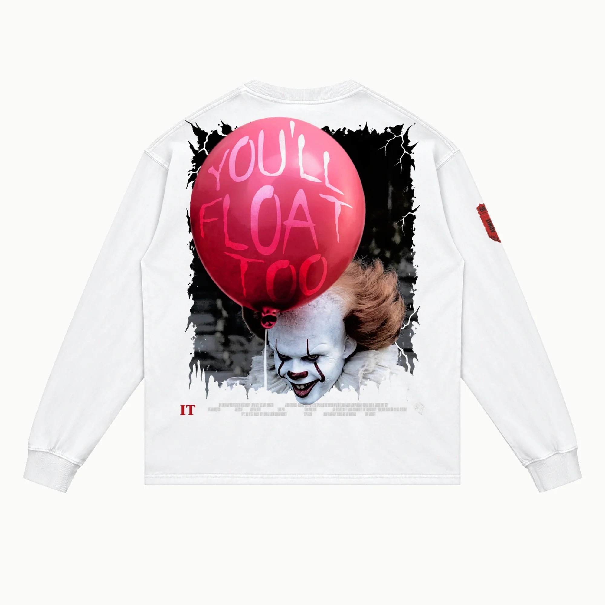 It Long Sleeved Tee in White, back view — Greazy Tees Drop 7 Halloween