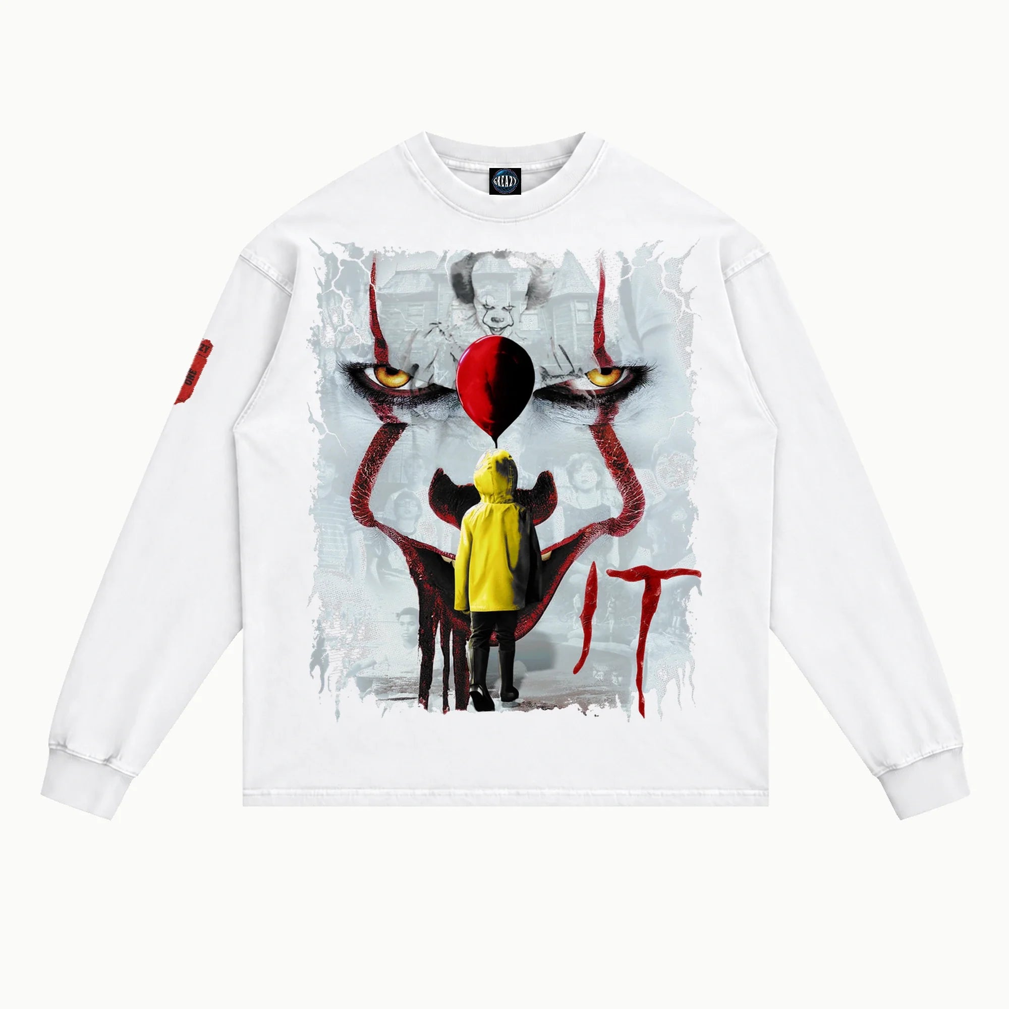 It Long Sleeved Tee in White, front view — Greazy Tees Drop 7 Halloween